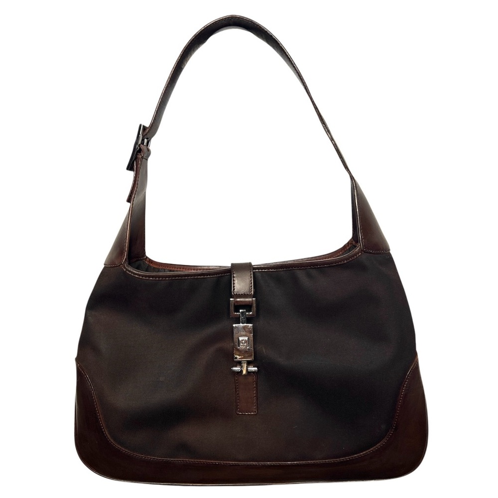 GUCCI Jackie 1961 Dark Brown Leather Cloth Shoulder Bag Handbag Vintage Purse